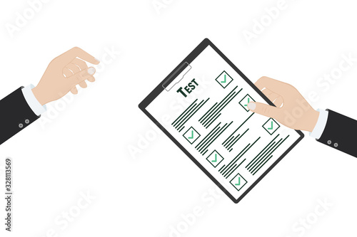 Survey Sheet with answered quiz checklist and success result assessment, idea of education test, questionnaire, document vector illustration flat style
