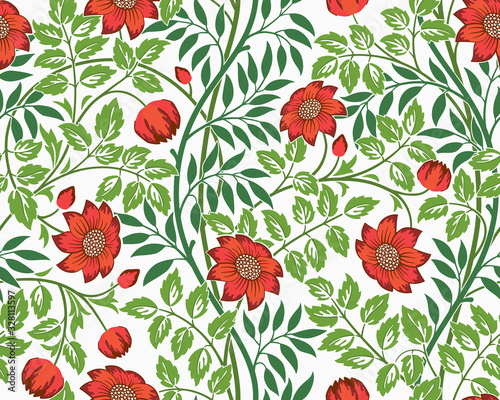 Vintage floral seamless pattern with red flowers and foliage on light background. Vector illustration.