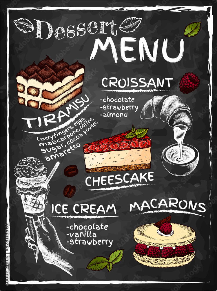 Sketch hand drawn poster of dessert menu with sketch cake, ice cream
