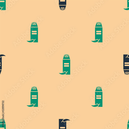 Green and black Pepper spray icon isolated seamless pattern on beige background. OC gas. Capsicum self defense aerosol. Vector Illustration