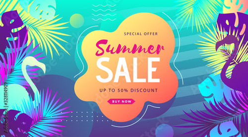 Colorful summer big sale tropical gradient poster with fluorescent tropic leaves and flamingo. Summertime background