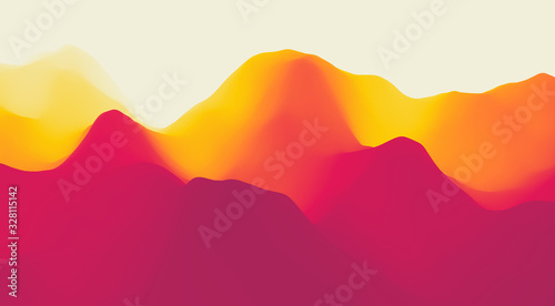 Landscape with mountains and sun. Sunset. Mountainous terrain. Abstract background. Vector illustration.