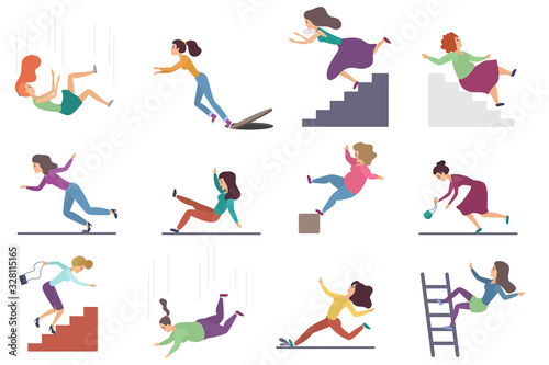 Set of flat vector injuring female woman falling down the stairs and over the edge  ladder  drop from the altitude  wet floor falling  stumbling on the sewer hall  tripping on stairs isolated