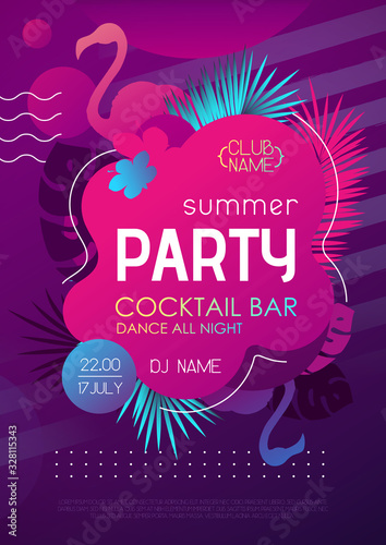 Colorful summer disco party poster with fluorescent tropic leaves and flamingo. Summertime background