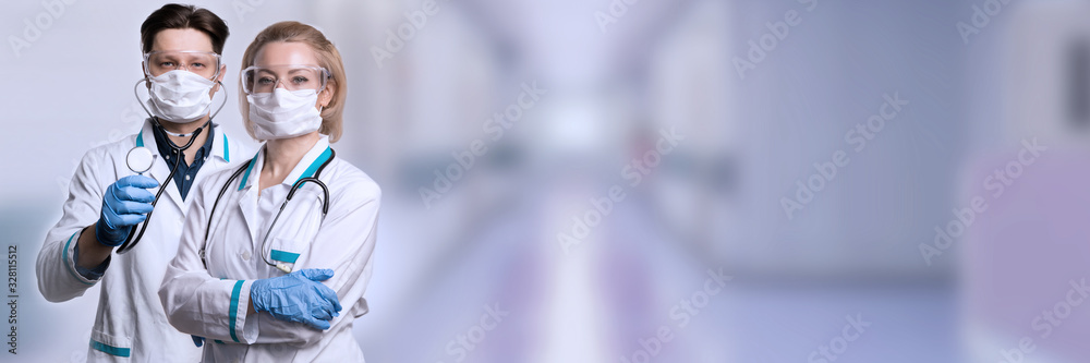Doctor woman over blue hospital background. Headline. Doctor woman over blue hospital background. Headline.