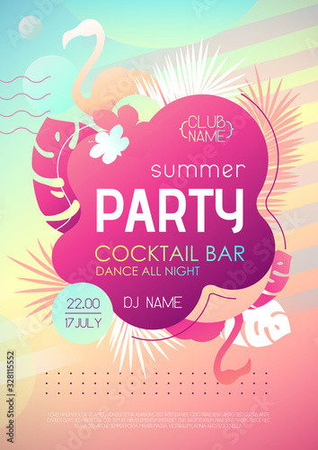 Colorful summer disco party poster with fluorescent tropic leaves and flamingo. Summertime background