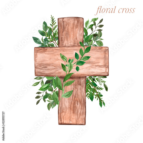 Watercolor hand painted Easter cross with leaf, greenery foliage,stems, isola...