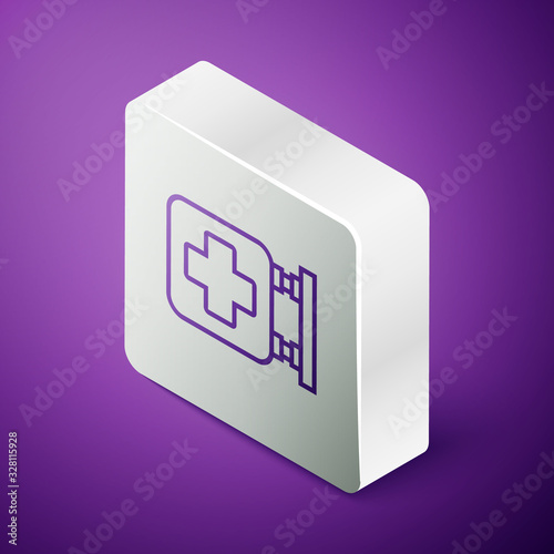 Isometric line Hospital signboard icon isolated on purple background. Silver square button. Vector Illustration