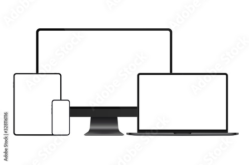 New version of dark black metal modern premium electronic devices set mockup. Computer, laptop, pad tablet and smartphone realistic high quality vector illustration