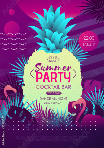 Colorful summer disco party poster with fluorescent tropic leaves, pineapple and flamingo. Summertime background