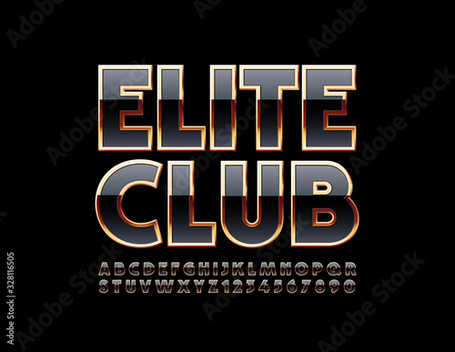 Vector chci sign Elite Club. Black and Gold Alphabet Letters and Numbers. Glossy premium Font