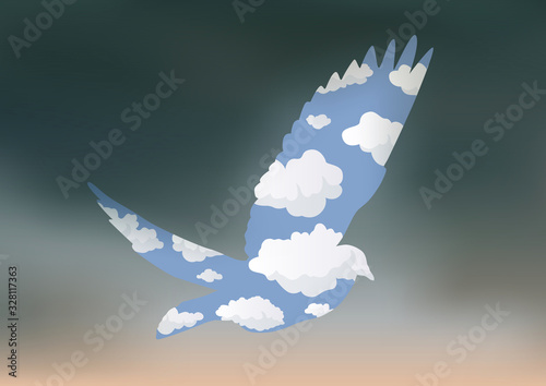 Concept de la paix avec un dessin surréaliste qui montre un temps d’orage où la silhouette d’une colombe apparaît sur un ciel bleu.