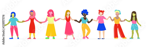 Vector illustration of a lot of women holding hands.