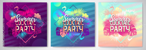 Set of Colorful summer cocktail party posters  with fluorescent tropic leaves and flamingo. Summertime background