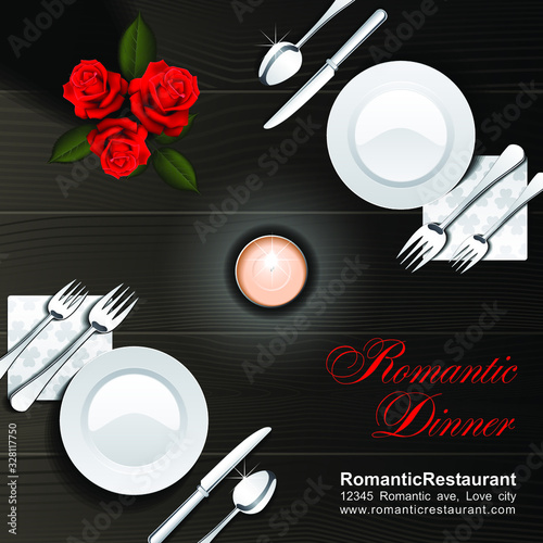 Dark wooden table served for a couple with a burning candle, two plates, knives, forks, spoons, napkins and a bunch of roses. Romantic dinner, rendezvous, meeting, love concept. Vector square composit