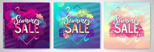 Set of colorful summer big sale tropical gradient banners with fluorescent tropic leaves and flamingo. Summertime template collection.