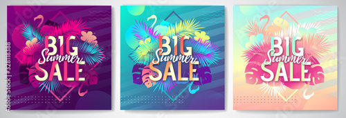 Set of colorful summer big sale tropical gradient banners with fluorescent tropic leaves and flamingo. Summertime template collection.