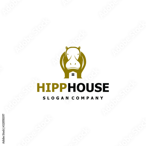 Hippo logo design template. Awesome hippo with house logo. A hippo & house logotype.