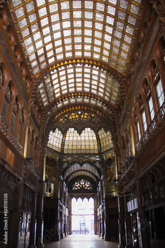 Photography Budapest, Hungary - October 06, 2014: Beautiful stained-glass and wooden ceiling