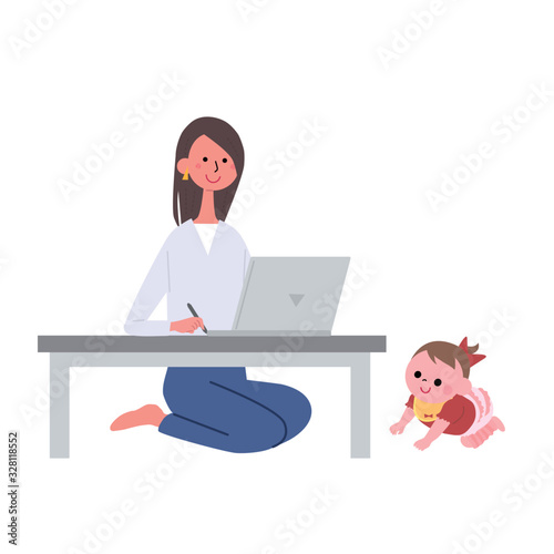 リモートワーク 女性 子育て 育児 在宅勤務 テレワーク イラスト Stock Vector Adobe Stock