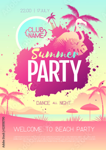 Colorful summer disco party poster with fluorescent tropic leaves and flamingo. Summertime beach background