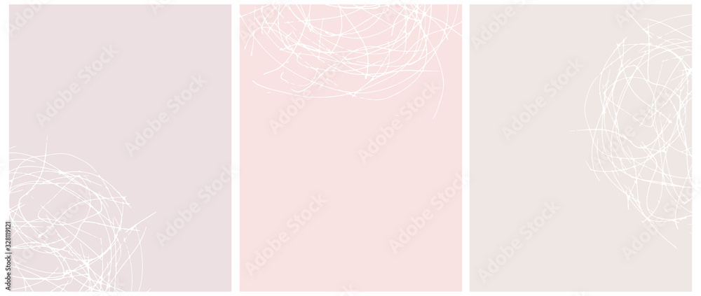 Set o 3 Abstract Geometric Layouts. White Irregular Hand Drawn Scribbles on Beige, Blush Pink and Light Pink Backgrounds. Funny Simple Creative Design. Infantile Style Geometric Design. - obrazy, fototapety, plakaty 