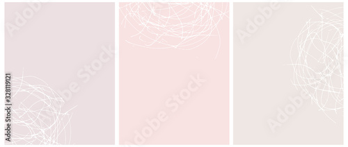 Set o 3 Abstract Geometric Layouts. White Irregular Hand Drawn Scribbles on Beige, Blush Pink and Light Pink Backgrounds. Funny Simple Creative Design. Infantile Style Geometric Design.