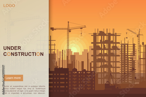 Building under Construction site design, Building construction prosess web template landing page vector illustration.