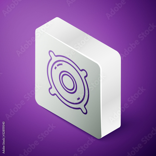 Isometric line Stereo speaker icon isolated on purple background. Sound system speakers. Music icon. Musical column speaker bass equipment. Silver square button. Vector Illustration