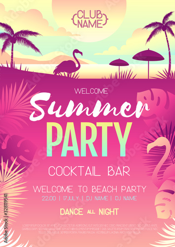 Colorful summer disco party poster with fluorescent tropic leaves and flamingo. Summertime beach background