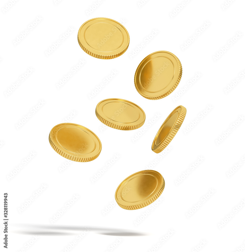 gold coins are falling isolated on white background. 3d rendering