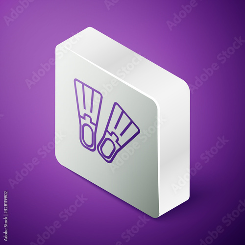 Isometric line Rubber flippers for swimming icon isolated on purple background. Diving equipment. Extreme sport. Sport equipment. Silver square button. Vector Illustration