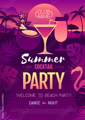 Colorful summer cocktail disco party poster with fluorescent tropic leaves and flamingo. Summertime beach background