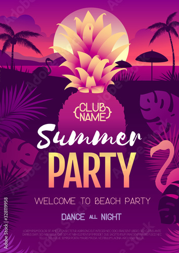 Colorful summer disco party poster with fluorescent tropic leaves, pineapple and flamingo. Summertime beach background
