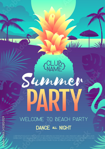 Colorful summer disco party poster with fluorescent tropic leaves, pineapple and flamingo. Summertime beach background