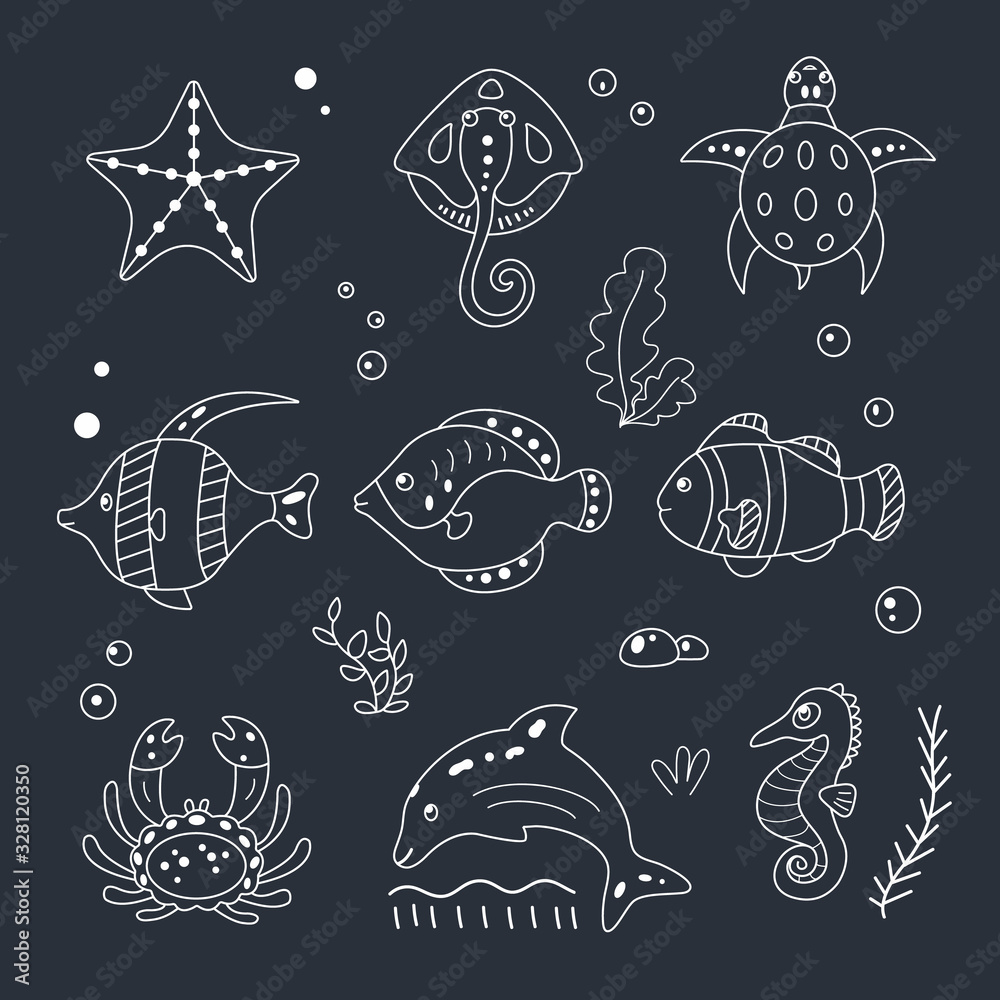 Sea animals vector set in cartoon line hand drawn style. Marine life and underwater creatures contains turtle, seastar, stingray, fishes, crab, dolphin, seahorse.