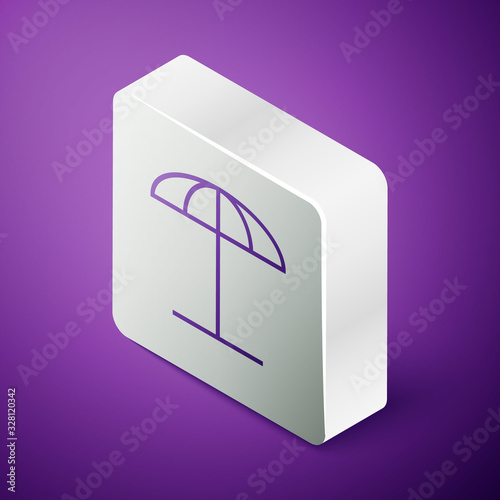 Isometric line Sun protective umbrella for beach icon isolated on purple background. Large parasol for outdoor space. Beach umbrella. Silver square button. Vector Illustration
