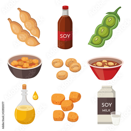 Vector Soya Products and Foodstuff: milk, oil, sauce, meat, tofu. Soy green pods and beans. Legumes sprouts cartoon flat illustration.