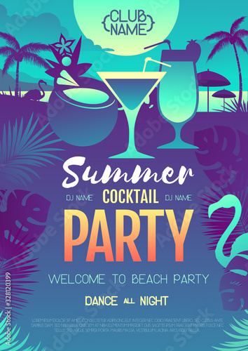 Colorful summer cocktail disco party poster with fluorescent tropic leaves and flamingo. Summertime beach background