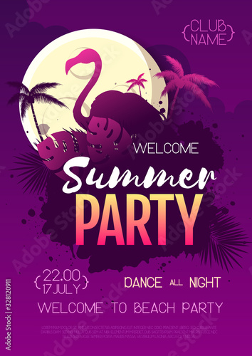 Colorful summer disco party poster with fluorescent tropic leaves and flamingo. Summertime beach background