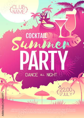 Colorful summer cocktail disco party poster with fluorescent tropic leaves and flamingo. Summertime beach background