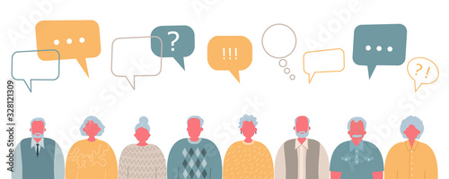 Community of older people. Communication of elderly men and elderly women. People icons with speech bubbles. Vector illustration.