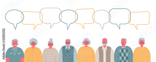Community of older people. Communication of elderly men and elderly women. People icons with speech bubbles. Vector illustration on a white background