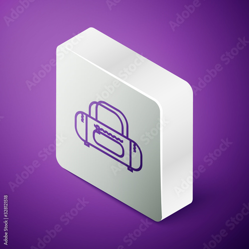Isometric line Sport bag icon isolated on purple background. Silver square button. Vector Illustration