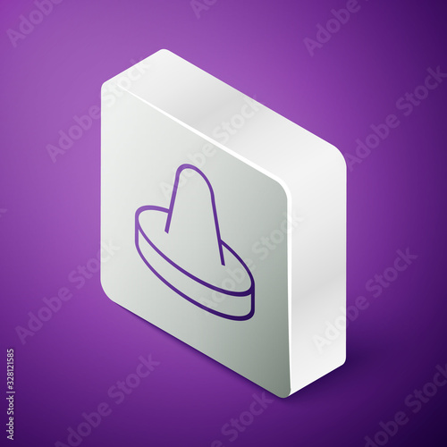 Isometric line Mallet and puck for playing air hockey game icon isolated on purple background. Silver square button. Vector Illustration