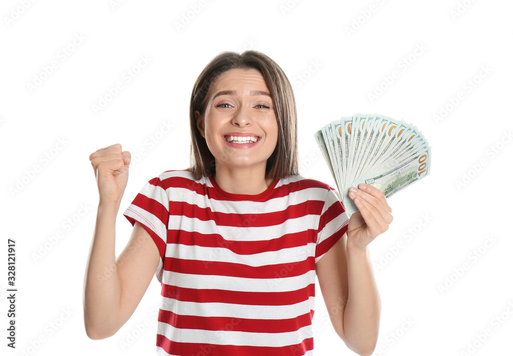 Emotional young woman with money on white background Emotional young woman with money on white background