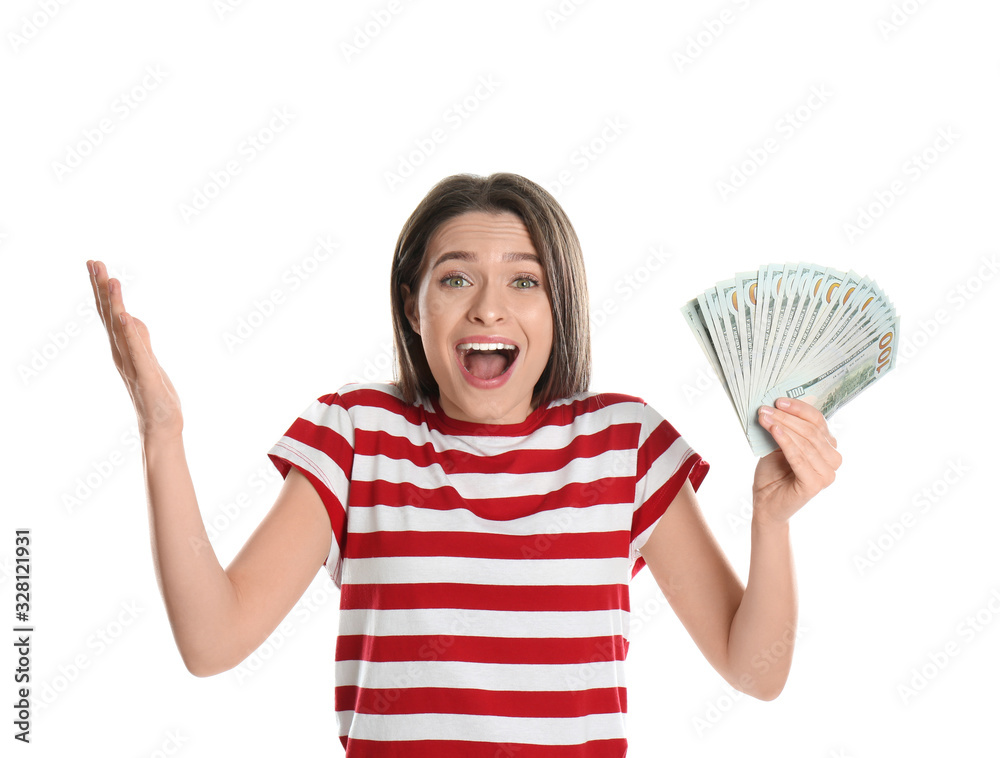 Emotional young woman with money on white background Emotional young woman with money on white background