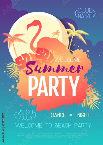 Colorful summer disco party poster with fluorescent tropic leaves and flamingo. Summertime beach background