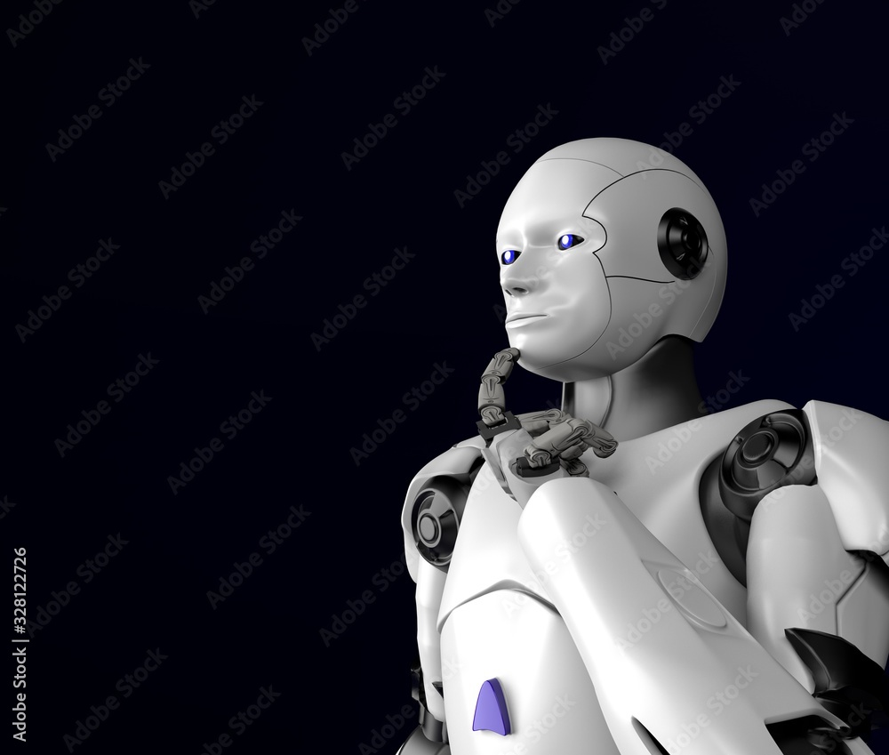 sci-fi robot thinking,android on black background,3d render. sci-fi robot thinking,android on black background,3d render.