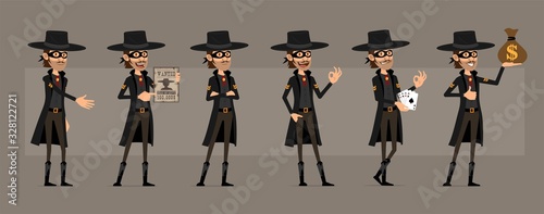 Cartoon cute funny bandit hero in black mask and hat from wild west. Thief with money bag, cards and wanted sign. Ready for animations. Isolated on gray background. Big vector icon set.